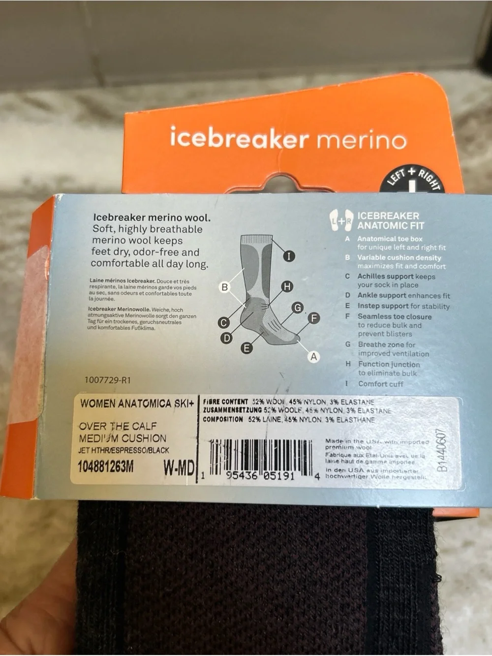 ICEBREAKER MERINO WOOL OVER THE CALF Women SKI SOCKS SZ M Cushions